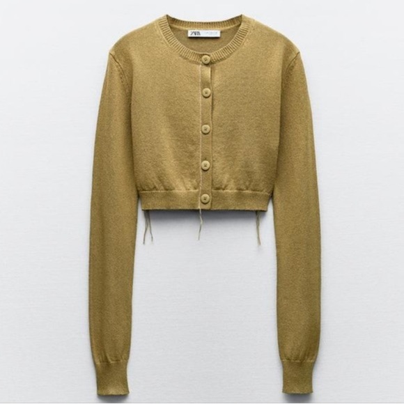 ZARA | Khaki Green Button-Up Cropped Cardigan with Contrast Topstitching - Picture 1 of 11